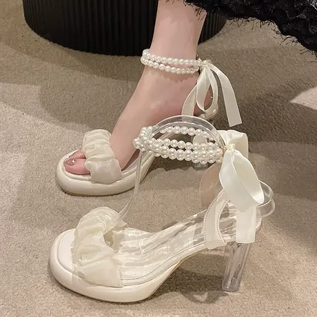 法式晚风小众珍珠高跟凉鞋女款夏季2023年新款仙女风超火时尚女鞋图片