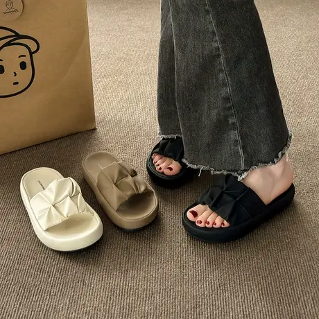 凉拖鞋女夏外穿2024新款厚底休闲沙滩凉鞋时尚女士孕妇面包一字拖商品大图