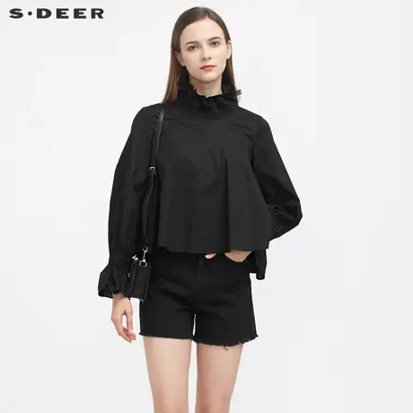 sdeer圣迪奥春秋装休闲立领网纱喇叭袖黑色衬衫女S21180523图片