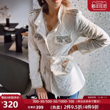 粉红大布娃娃新款立领菱格系带收腰显瘦白色小香钉钻棉服外套冬女图片