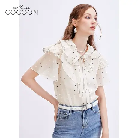 missCOCOON波点荷叶边衬衫上衣女2023夏装新款温柔风百搭短袖衬衣商品大图