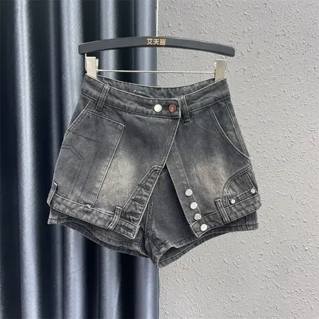 网红不规则假两件设计感牛仔裤裙女2024春夏新款高腰a字阔腿裤潮图片