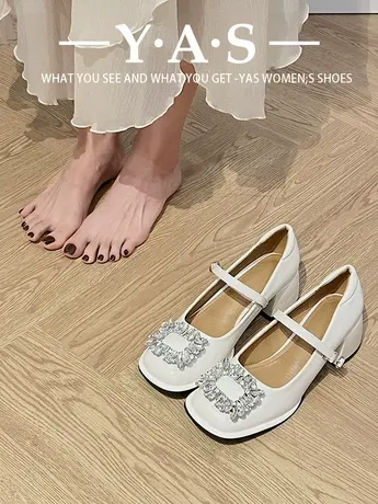 法式复古高跟红色小皮鞋玛丽珍鞋女粗跟单鞋水钻婚鞋精致新娘鞋商品大图