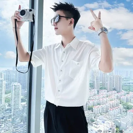 夏季男痞帅衬衫短袖衬衣半袖潮流休闲薄款帅气五分袖纯色宽松上衣商品大图