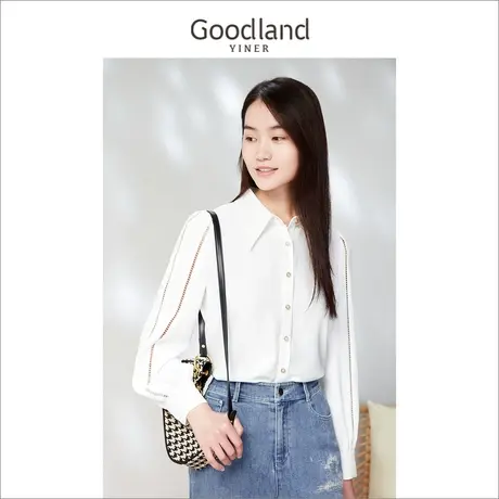 *Goodland女装2023春季新款泡泡袖花边装饰极简白色衬衫商品大图