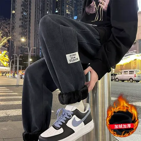 加绒灯芯绒裤子男春秋季新款潮牌运动保暖加厚束脚休闲雪尼尔长裤商品大图
