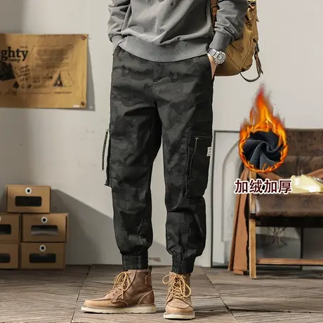 潮牌多口袋男士工装裤宽松新款休闲长裤加绒迷彩束脚休闲工装裤男图片