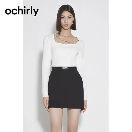 ochirly欧时力 方领短款针织衫女2023新款秋装上衣打底修身链条商品大图