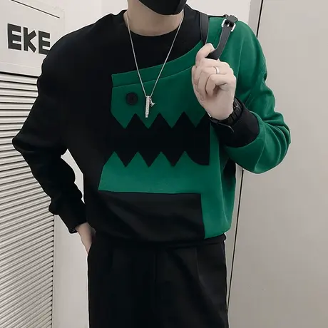 休闲卫衣男春秋季拼色卡通恐龙设计感潮男小众宽松长袖T恤打底衫商品大图