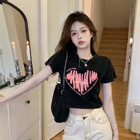 黑色短袖t恤女2023夏新款小个子短款印花上衣圆领露肚脐正肩体恤商品大图