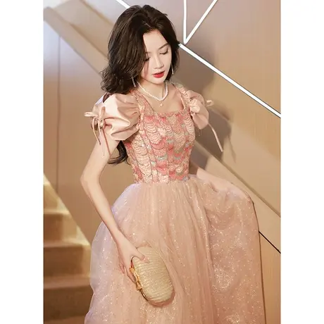 粉色晚礼服女年会声乐艺考主持人高级感法式公主裙成人礼订婚仙气商品大图