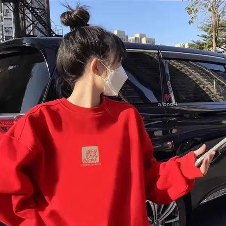 圆领卫衣女2024秋冬款字母印花加绒套头上衣大码百搭宽松休闲外套商品大图