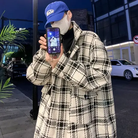 小香风外套男秋冬季格子大衣oversize美式高街潮牌情侣大码上衣服商品大图