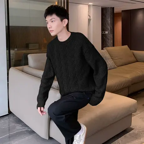 唐狮针织衫男式针织衫男净色暗纹理圆领毛衫男士毛衣图片