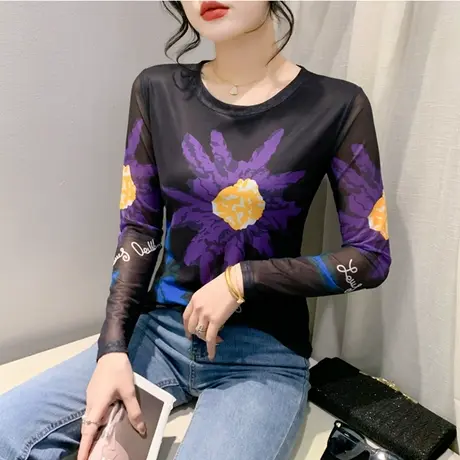 性感网纱圆领打底衫长袖印花扎染上衣气质减龄内塔T恤女春秋新款商品大图