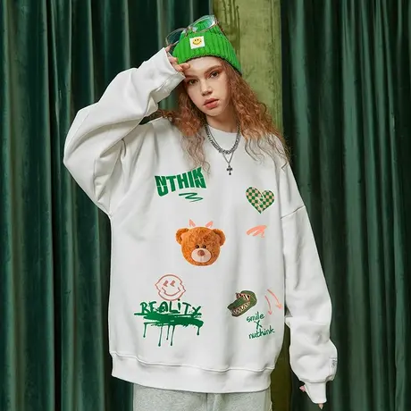 Nuthink港风潮流小熊笑脸涂鸦圆领卫衣男潮牌ins大码宽松国潮冬季商品大图