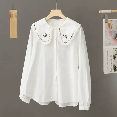 早春娃娃领刺绣白色衬衫女小个子文艺甜美外搭打底衫衬衣叠穿上衣图片