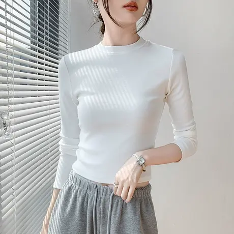 圆领长袖T恤女2024春季新款纯色简约正肩修身显瘦短款内搭打底衫商品大图