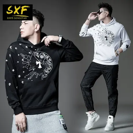 SXF圣希梵卫衣男连帽 新款帅气上衣印花烫钻时尚宽松男士外套潮牌图片
