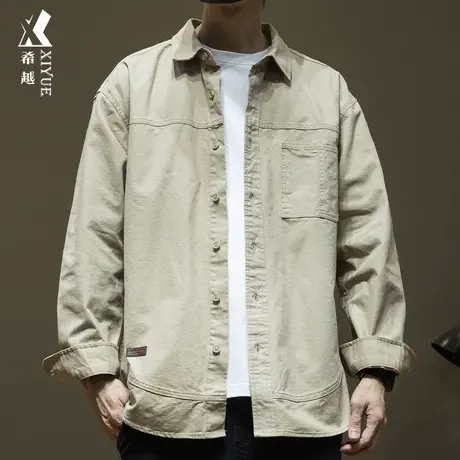 希越复古磨毛珠帆布衬衫男2024春季新款宽松大码男士休闲衬衣外套商品大图