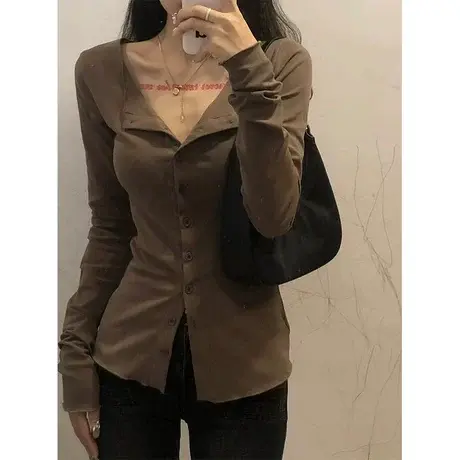 纯欲风辣妹收腰衬衫长袖t恤女春秋季2023设计感修身显瘦独特上衣商品大图