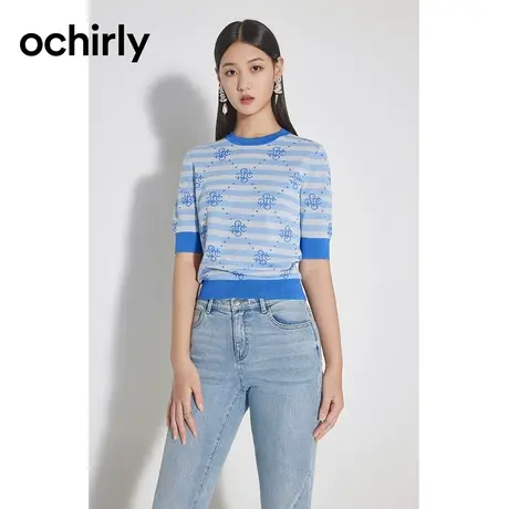 ochirly欧时力 氧气衫提花短袖针织衫女2023新款夏装薄上衣条纹图片