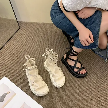 小众高级感凉鞋女夏季2024新款百搭一字带软底中跟厚底高帮罗马鞋商品大图