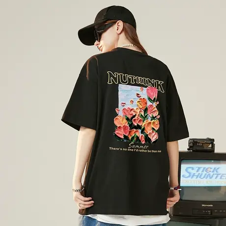 Nuthink欧美潮流花卉短袖T恤男潮中性风宽松oversize情侣半截袖商品大图