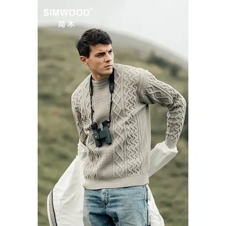 Simwood简木男装【宽松版型】秋季扭花复古圆领套头针织毛衣男商品大图