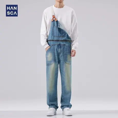 hansca水洗牛仔背带裤男秋冬款潮牌小众设计感可拆卸直筒连体裤子商品大图