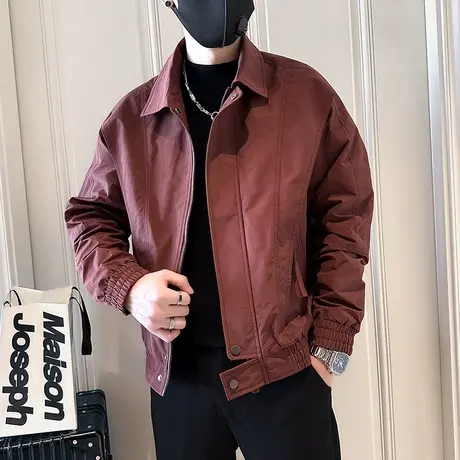 男士外套2024新款春秋季休闲翻领工装夹克男简约纯色青年茄克上衣图片