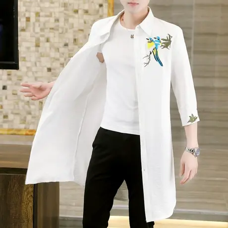 夏季薄款七分袖风衣中长款男士潮流透气防晒外套个性帅气开衫披风图片