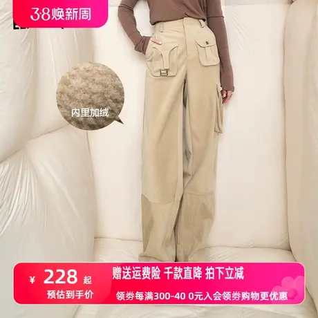 妖精的口袋直筒加绒工装裤女2023冬季新款高腰垂坠感宽松显瘦长裤商品大图