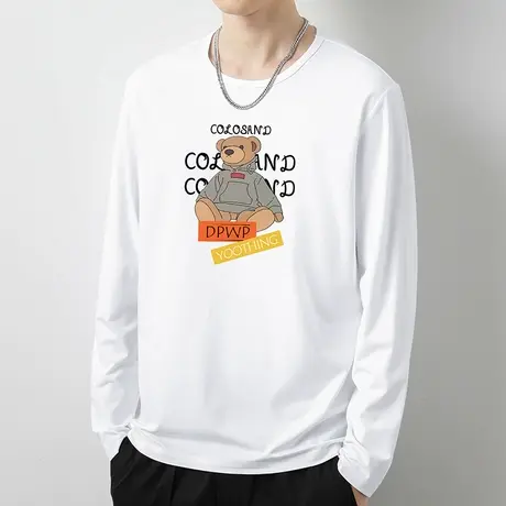 莫代尔秋季长袖t恤男白色上衣服潮牌潮流内搭打底衫小熊印花体恤商品大图