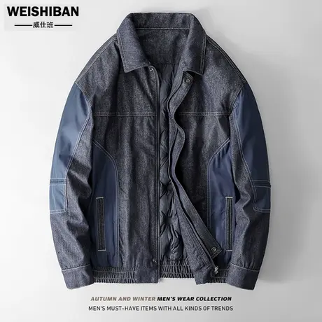 潮牌工装拼接加厚羽绒服男装保暖外套2022年冬季防寒轻薄牛仔夹克图片