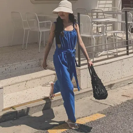 夏装吊带阔腿连体裤裙宽松大码显瘦棉麻系带裤九分宽松亚麻背带裤商品大图