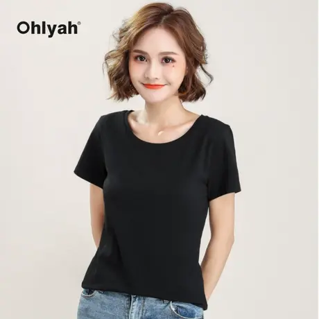 Ohlyah品牌 黑色t恤女内搭打底衫短袖百搭纯色上衣服圆领修身半袖商品大图