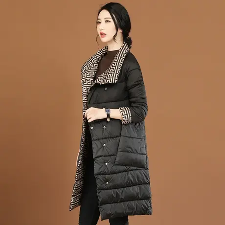 韩潮袭人立领长款黑色棉衣棉服女2023冬季新款印花面包服棉袄外套图片