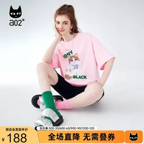 【趣玩】a02通勤短袖T恤2023夏季新品猫咪印花小众休闲宽松上衣女商品大图