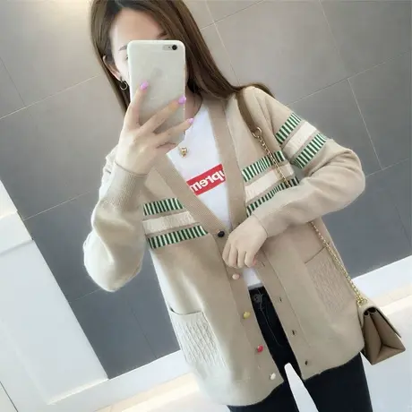 春秋季新款韩版百搭针织衫开衫女宽松上衣外搭拼色学生毛衣外套图片