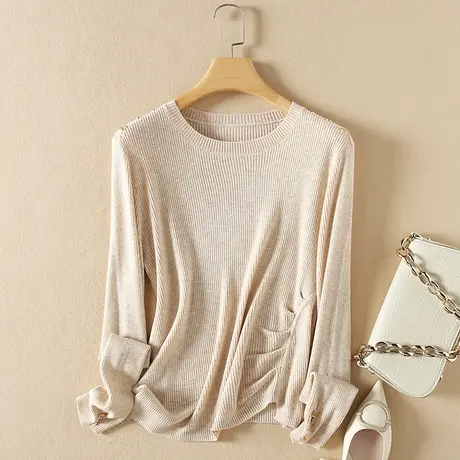 美丽诺羊毛秋装女2023新款毛衣女宽松圆领套头上衣薄款针织打底衫商品大图