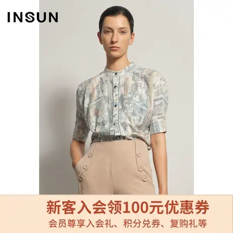 恩裳夏季复古气质印花棉质修身短袖衬衫女薄款小众设计图片