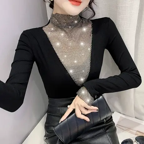 加绒打底衫女秋冬性感镂空长袖T恤欧货烫钻小衫洋气修身内搭上衣商品大图