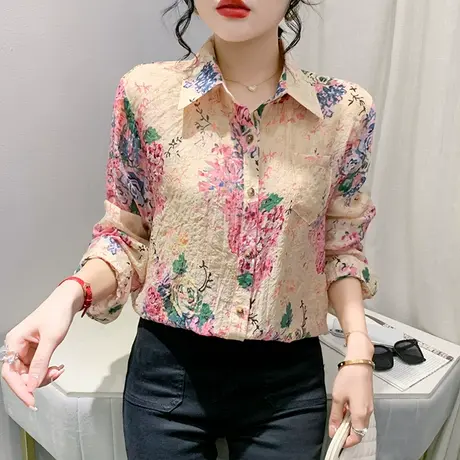 宽松气质衬衫女长袖2023春秋新款中长款个性休闲上衣碎花POLO衬衣图片