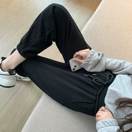 华夫格运动裤女春秋新款高腰宽松显瘦九分小个子休闲哈伦束脚裤子图片