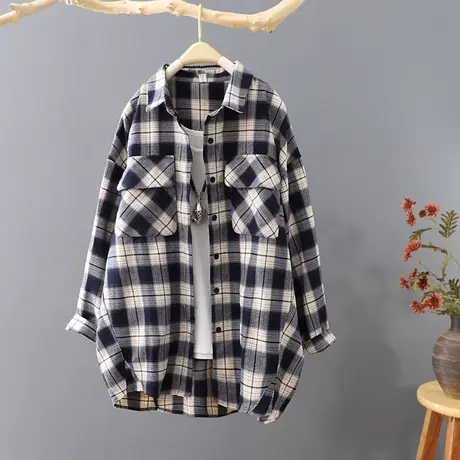 韩范长袖外套女2023春秋新品中长款格子衬衫宽松衬衣休闲上衣开衫图片