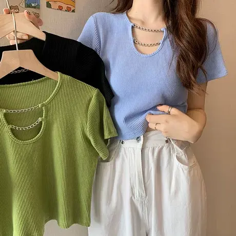 设计感小众短款上衣女夏2023新款网红辣妹风高腰露脐短袖针织T恤商品大图