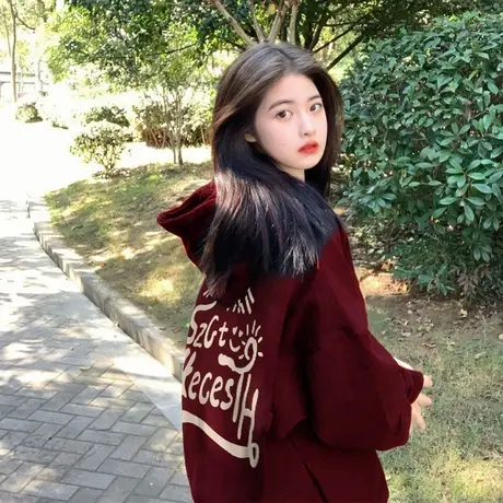 酒红色卫衣女连帽秋冬加绒加厚宽松小众设计感oversize潮外套上衣图片
