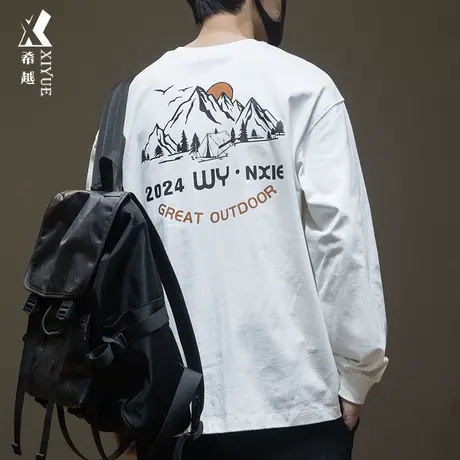希越260g精梳棉重磅长袖T恤男白色秋冬宽松大码后背山系印花单衣商品大图