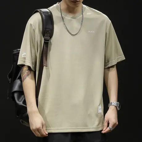 镂空透气V领短袖t恤男士宽松大码潮牌夏季薄2023新款男款男装体恤商品大图